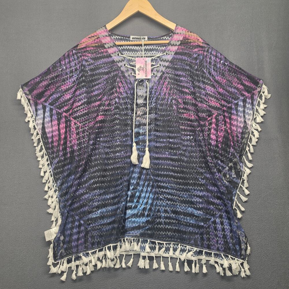 Sunsations Kimono Poncho Beach Cover Up Womens OS Blue Purple Geometric NEW